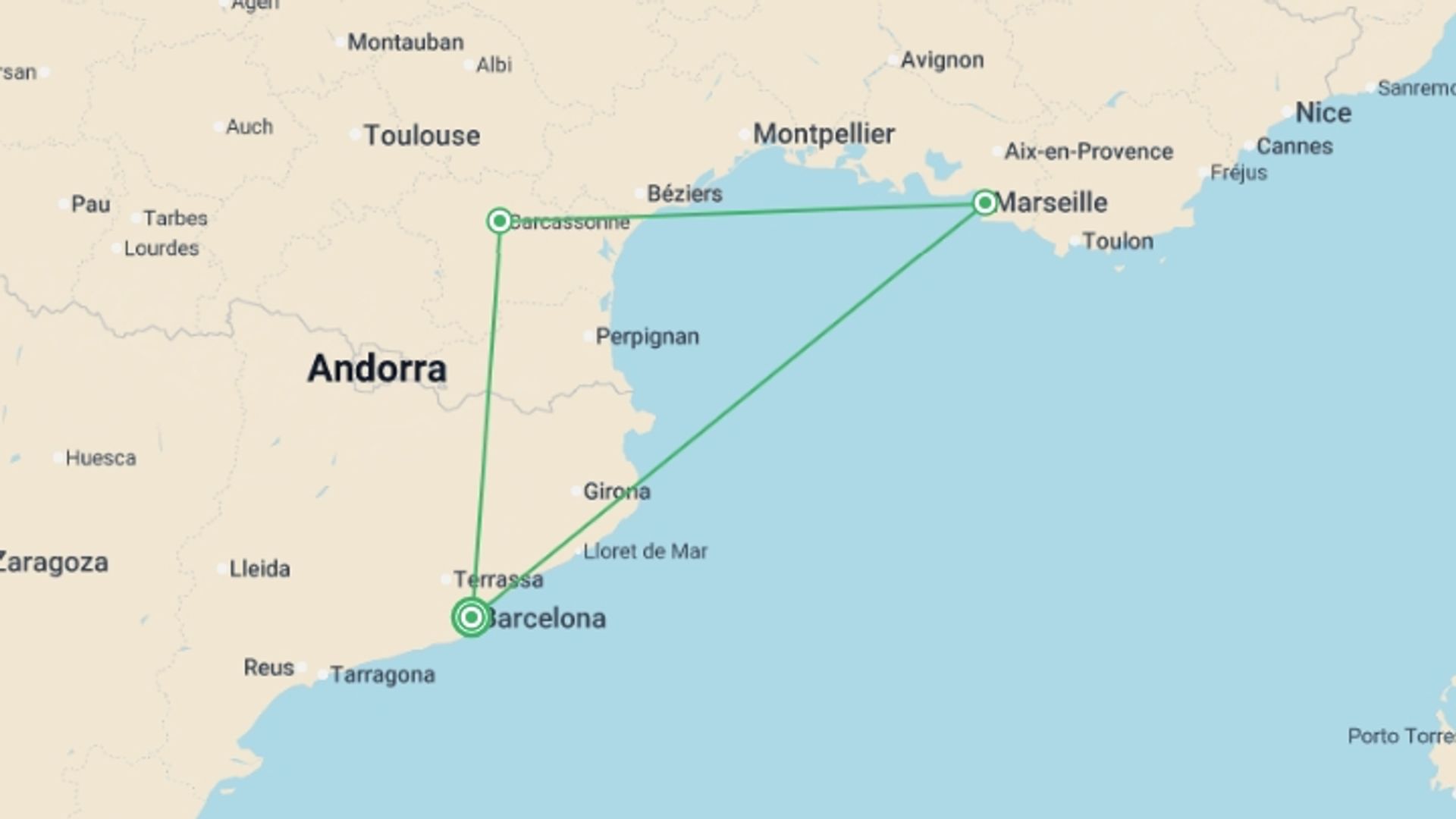 A map showing the tour itinerary for the trip: Catalonia, south of France and Provence, starting in Barcelona, Spain and ending in Barcelona, Spain going through 2 other destinations.