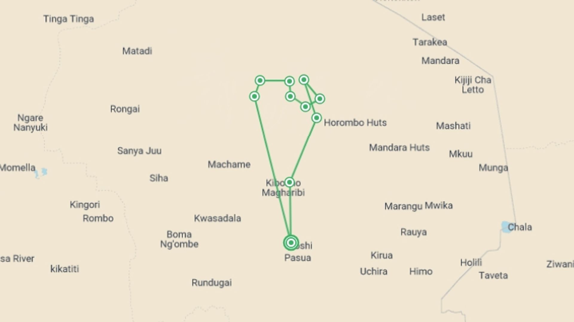 A map showing the tour itinerary for the trip: Mt. Kilimanjaro - Machame route, 9 days , starting in Moshi, Tanzania and ending in Moshi, Tanzania going through 8 other destinations.