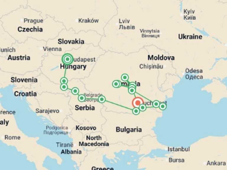 Map of Europe Tour with 10 destination visits for the trip: Along the river Danube, Budapest and the Balkan peninsula (port-to-port cruise)