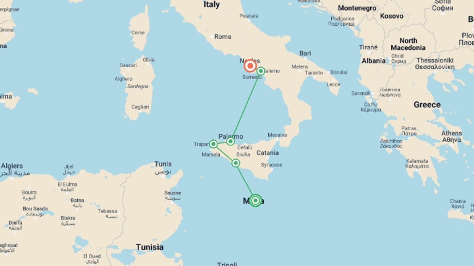 A map showing the tour itinerary for the trip: The Best Spots in Sicily and Southern Italy (port-to-port cruise), starting in Valletta, Malta and ending in Naples, Italy going through 4 other destinations.