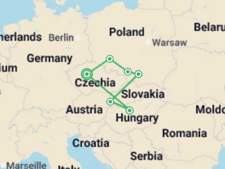 Map itinerary of Europe Tour in September 2026 with 4 destination visits for the trip: Czech Republic, Budapest, and Heart of Poland, Ending in Prague
