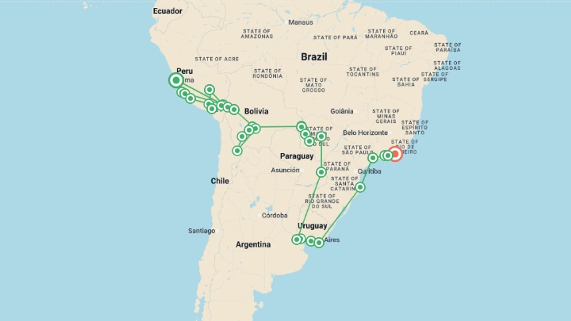 A map showing the tour itinerary for the trip: Lima to Rio de Janeiro (via Uruguay & Pantanal) Travel Pass, starting in Lima, Peru and ending in Rio de Janeiro, Brazil going through 31 other destinations.