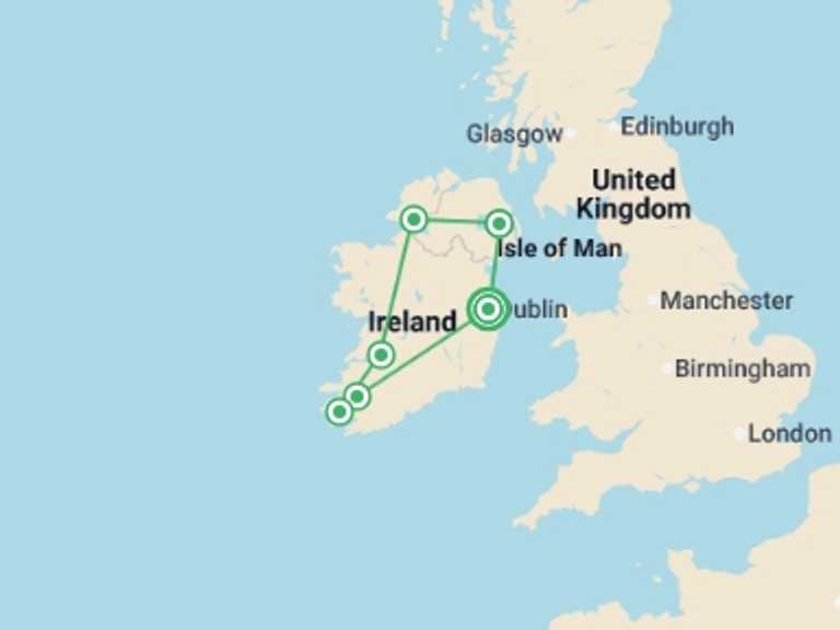 Map itinerary of Europe Tour in April 2027 with 6 destination visits for the trip: Irish Wonder