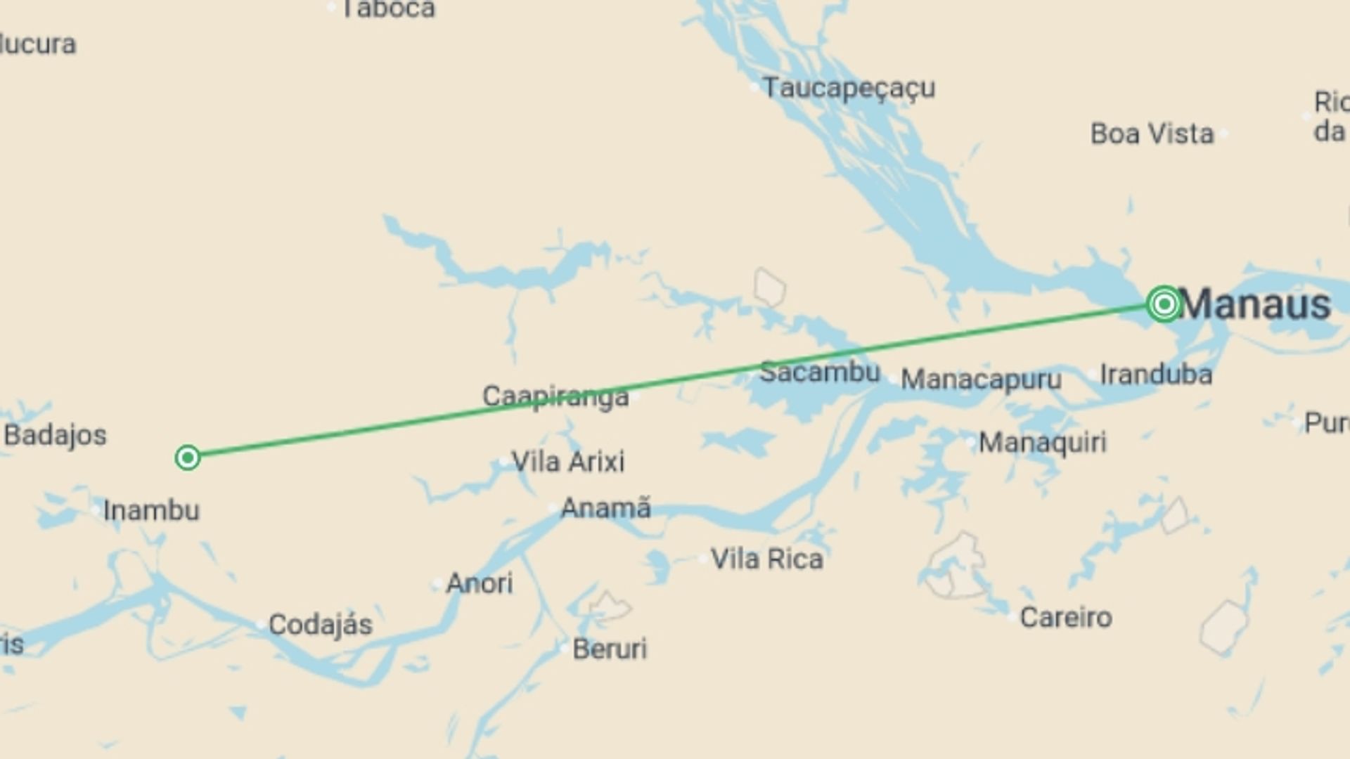 A map showing the tour itinerary for the trip: Manaus Amazon Adventure - 5 days, starting in Manaus, Brazil and ending in Manaus, Brazil going through 1 other destinations.