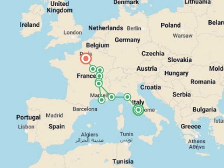 Map of 10-Day Rome Tour with 6 destination visits for the trip: Rome and Best of France