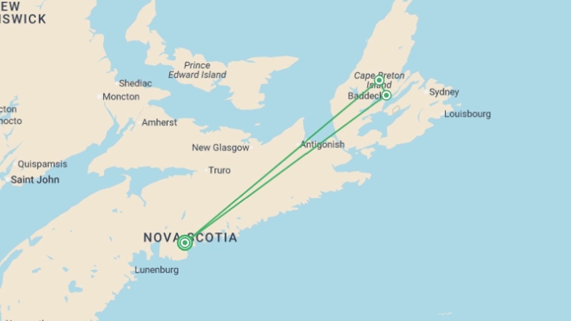 A map showing the tour itinerary for the trip: Captivating Cape Breton Island - 5 days, starting in Halifax, Canada and ending in Halifax, Canada going through 2 other destinations.