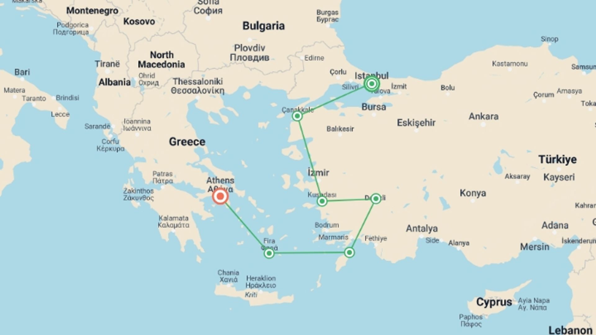 A map showing the tour itinerary for the trip: Istanbul to the Acropolis 5 star - 15 days, starting in Istanbul, Turkey and ending in Athens, Greece going through 5 other destinations.