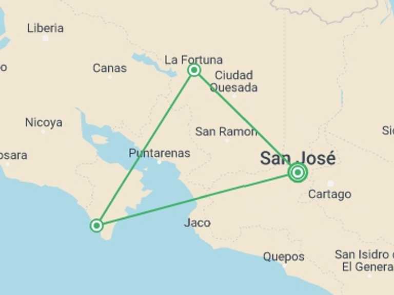 Map of San Jose Explorer Tour with 5 destination visits for the trip: Costa Rica: Ocean Waves & Sunsets