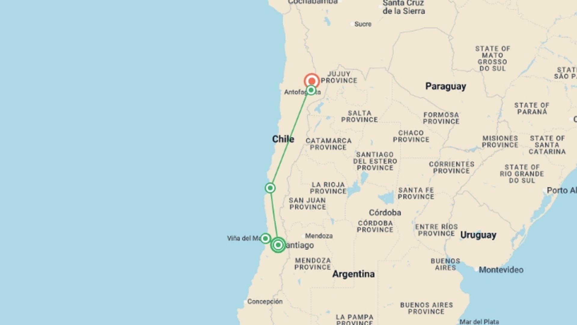A map showing the tour itinerary for the trip: 9-Day Trip Santiago and San Pedro de Atacama, starting in Santiago, Chile and ending in San Pedro De Atacama, Chile going through 2 other destinations.