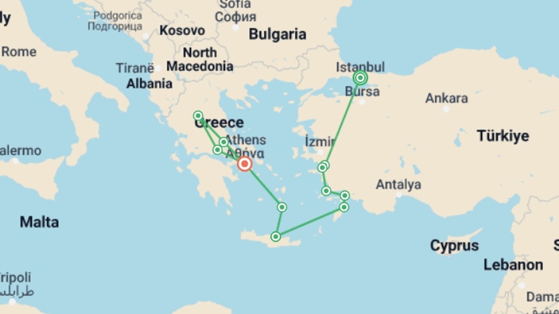 A map showing the tour itinerary for the trip: Greco-Turkish passion with Greek islands and northern Greece, starting in Istanbul, Turkey and ending in Athens, Greece going through 0 other destinations.