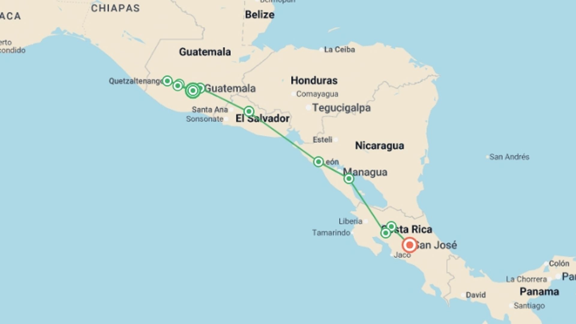 A map showing the tour itinerary for the trip: Central American Highlights, starting in Antigua, Guatemala and ending in San Jose, Costa Rica going through 9 other destinations.