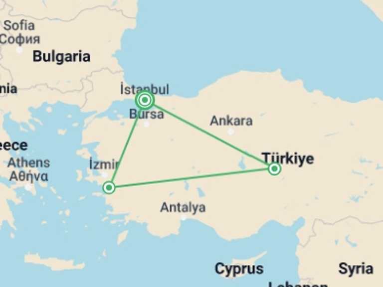 Map of Istanbul Cultural, religious and historic sites Tour with 4 destination visits for the trip: Cappadocia, Ephesus & Pamukkale Tour: 4 Days
