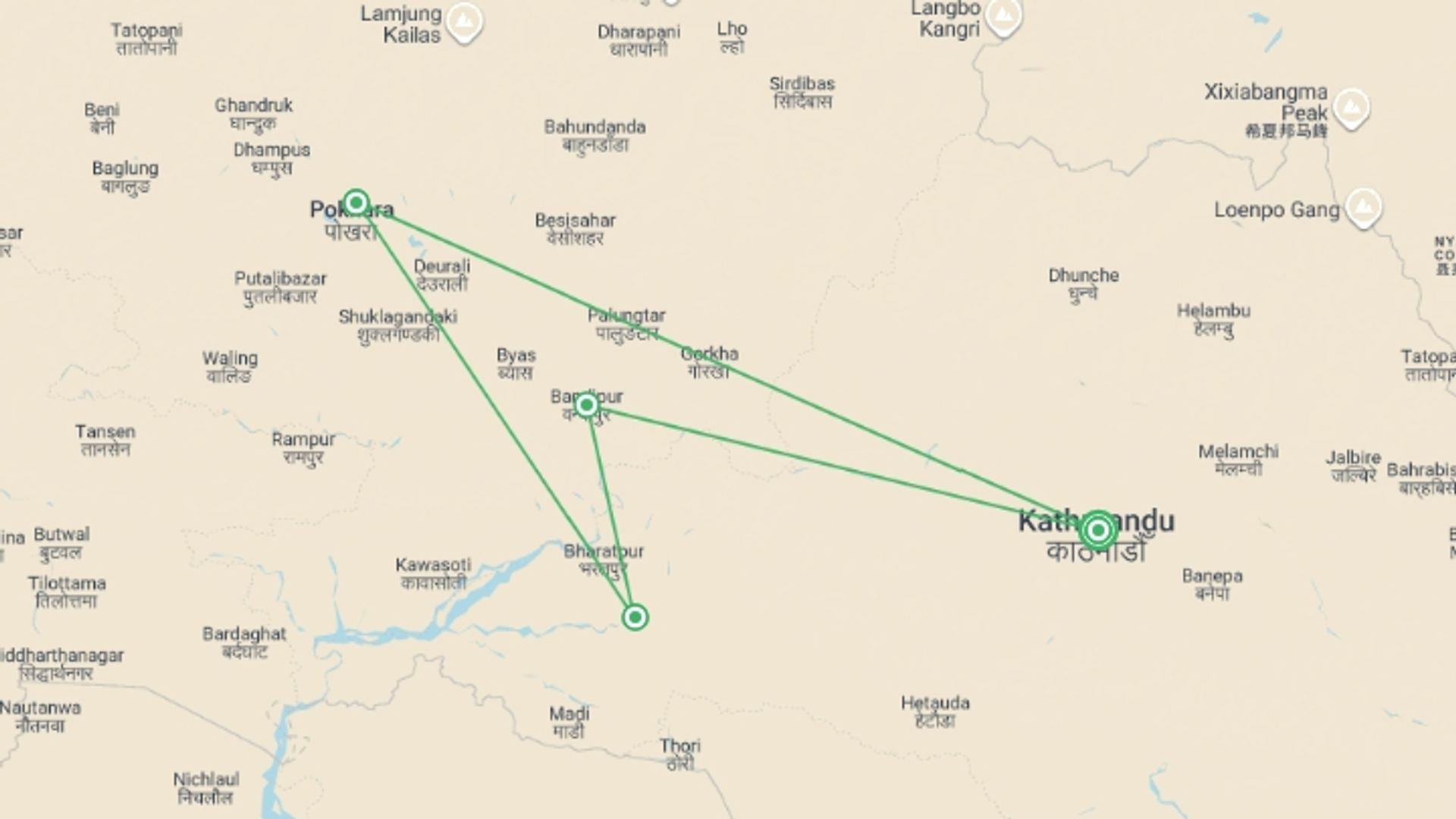 A map showing the tour itinerary for the trip: Nepal Family Essentials, starting in Kathmandu, Nepal and ending in Kathmandu, Nepal going through 3 other destinations.