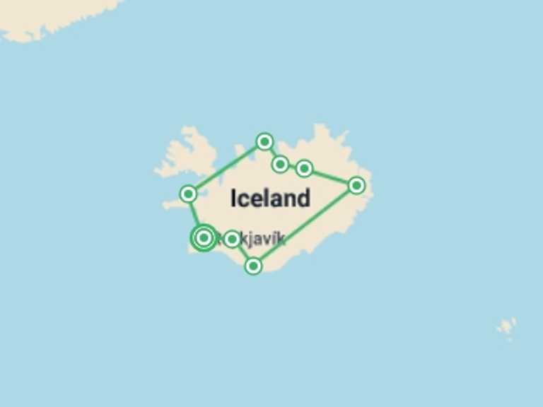 Map itinerary of Northern Europe Tour in Spring with 8 destination visits for the trip: Iceland Explorer