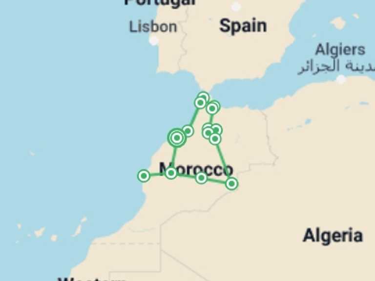 Map of 14-Day Marrakech Tour with 9 destination visits for the trip: 14 Days Private Tour From Casablanca