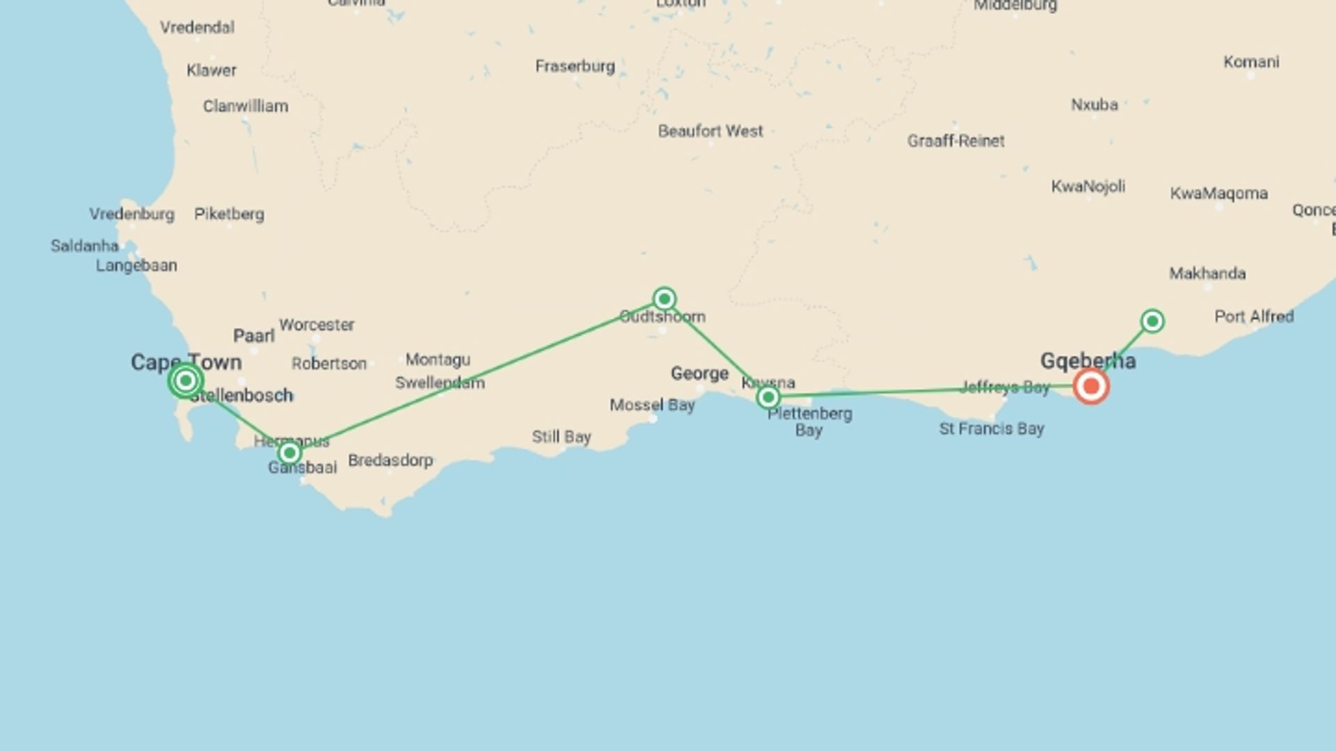 A map showing the tour itinerary for the trip: Discover South Africa's Garden Route, starting in Cape Town, South Africa and ending in Gqeberha, South Africa going through 5 other destinations.