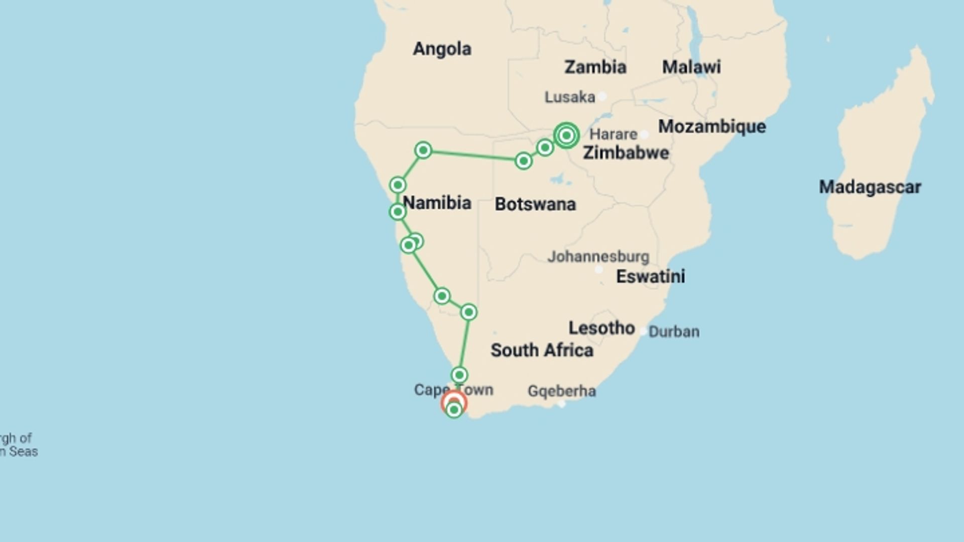 A map showing the tour itinerary for the trip: Victoria Falls to Cape Town - Camping, starting in Victoria Falls, Zimbabwe and ending in Cape Town, South Africa going through 11 other destinations.
