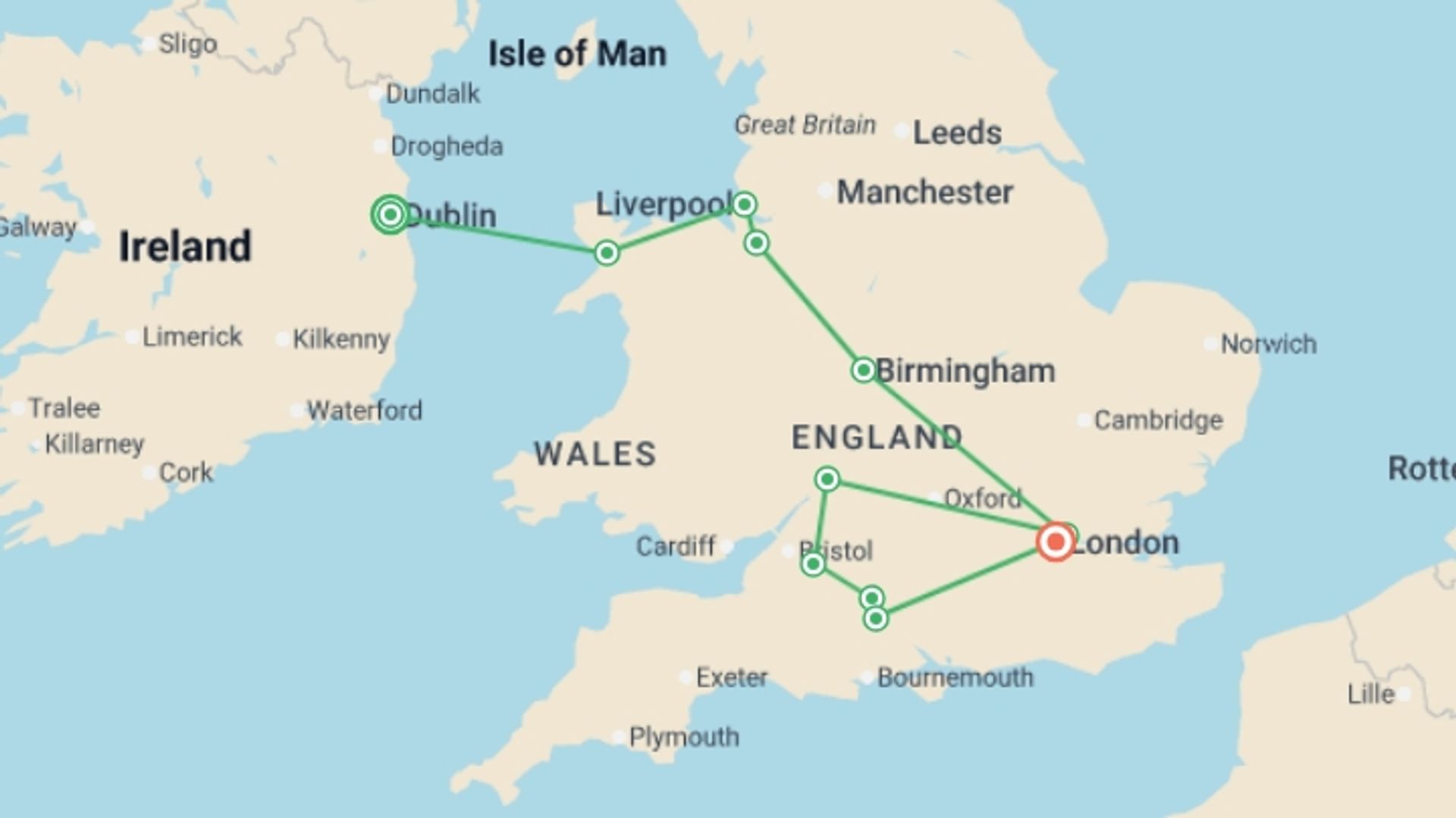 A map showing the tour itinerary for the trip: From Dublin to Southern England, starting in Dublin, Ireland and ending in London, England going through 3 other destinations.