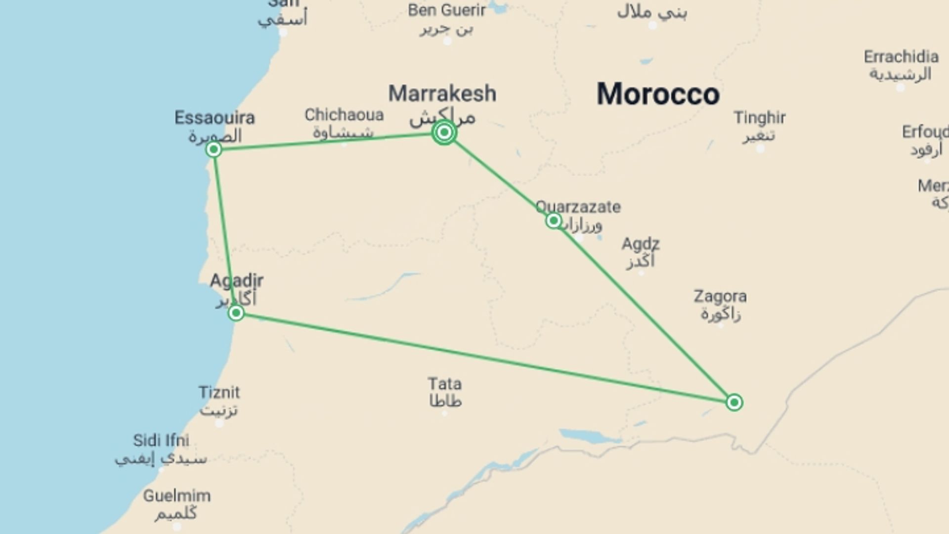 A map showing the tour itinerary for the trip: Adventure Morocco (4 Star Hotels), starting in Marrakech, Morocco and ending in Marrakech, Morocco going through 5 other destinations.
