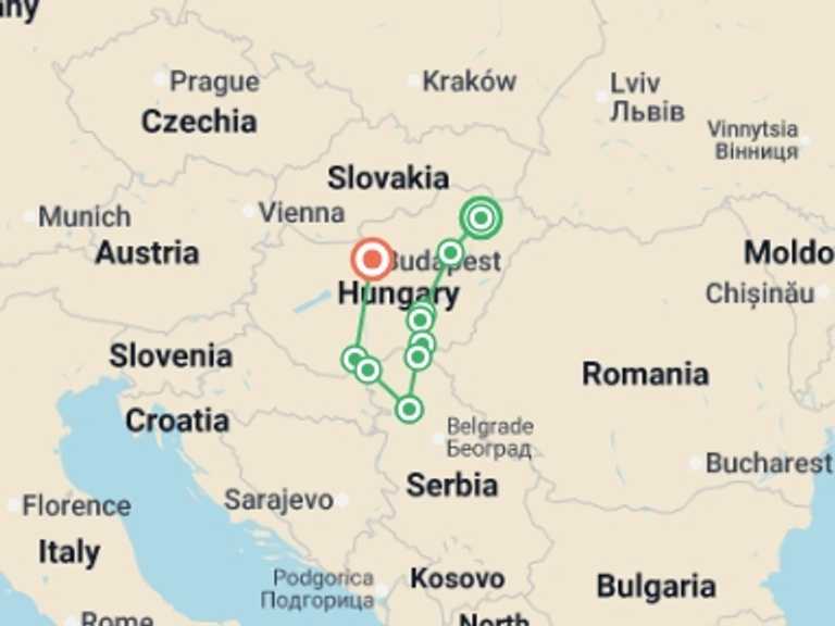Map of Eastern Europe Tour with 7 destination visits for the trip: From the Tisza to the Danube, through the Real Hungary (port-to-port cruise)