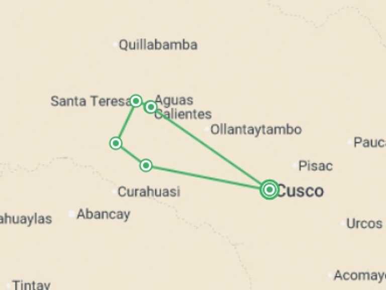 Map of a Kayaking and canoeing Tour with 5 destination visits for the trip: Salkantay Trek to Machu Picchu 6D/5N