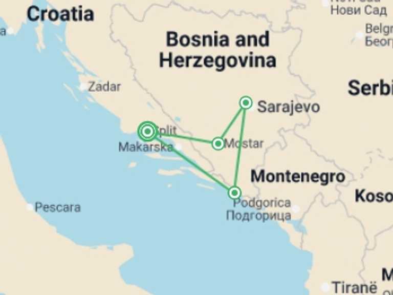 Map itinerary of Croatia Tour in September 2026 with 4 destination visits for the trip: Coast To Canyon: Croatia & Bosnia And Herzegovina, 8-day Self-drive
