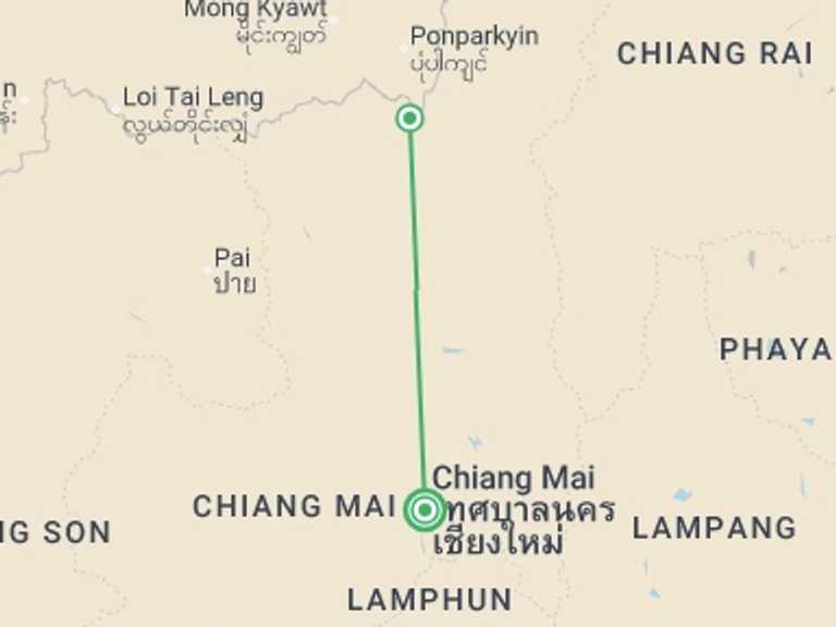 Map itinerary of Chiang Mai Tour in Fall with 2 destination visits for the trip: Off the Beaten Path Nature Trek 2D/1N