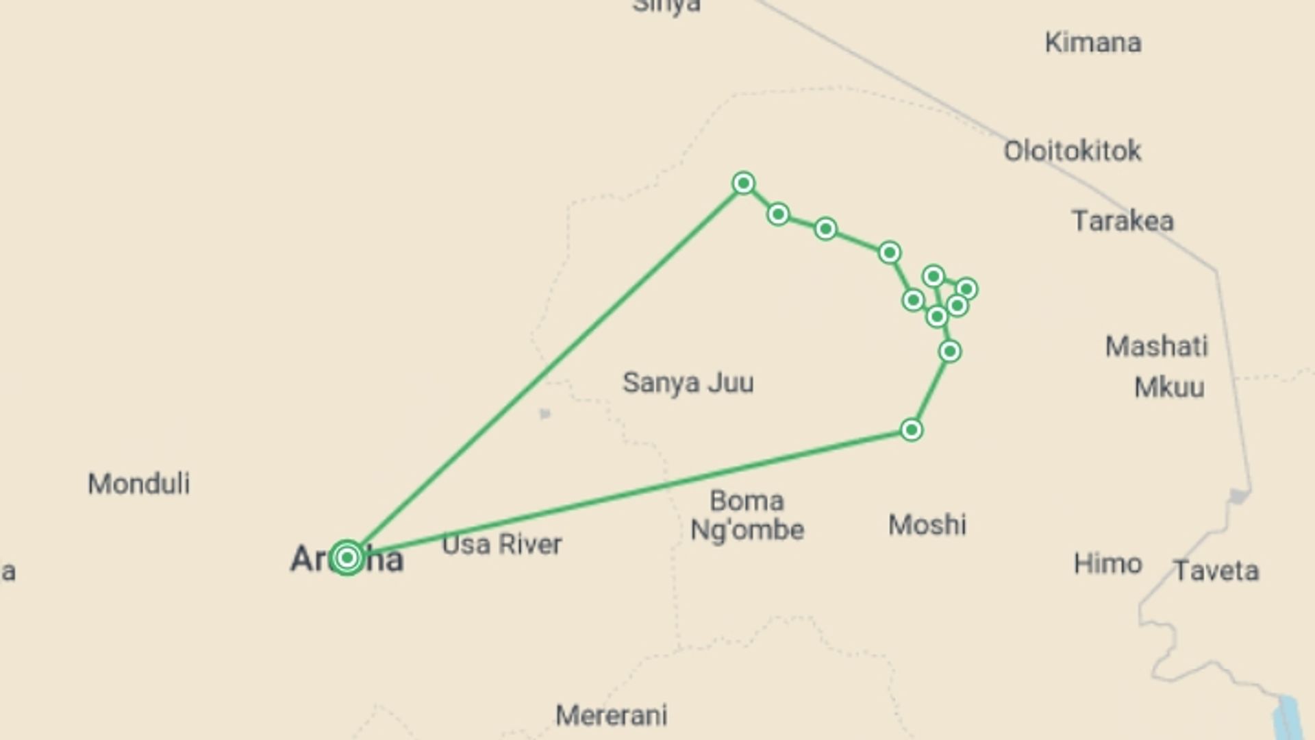 A map showing the tour itinerary for the trip: Ethical & Luxury Kilimanjaro Climb Lemosho Route 8 Days, starting in Arusha, Tanzania and ending in Arusha, Tanzania going through 9 other destinations.