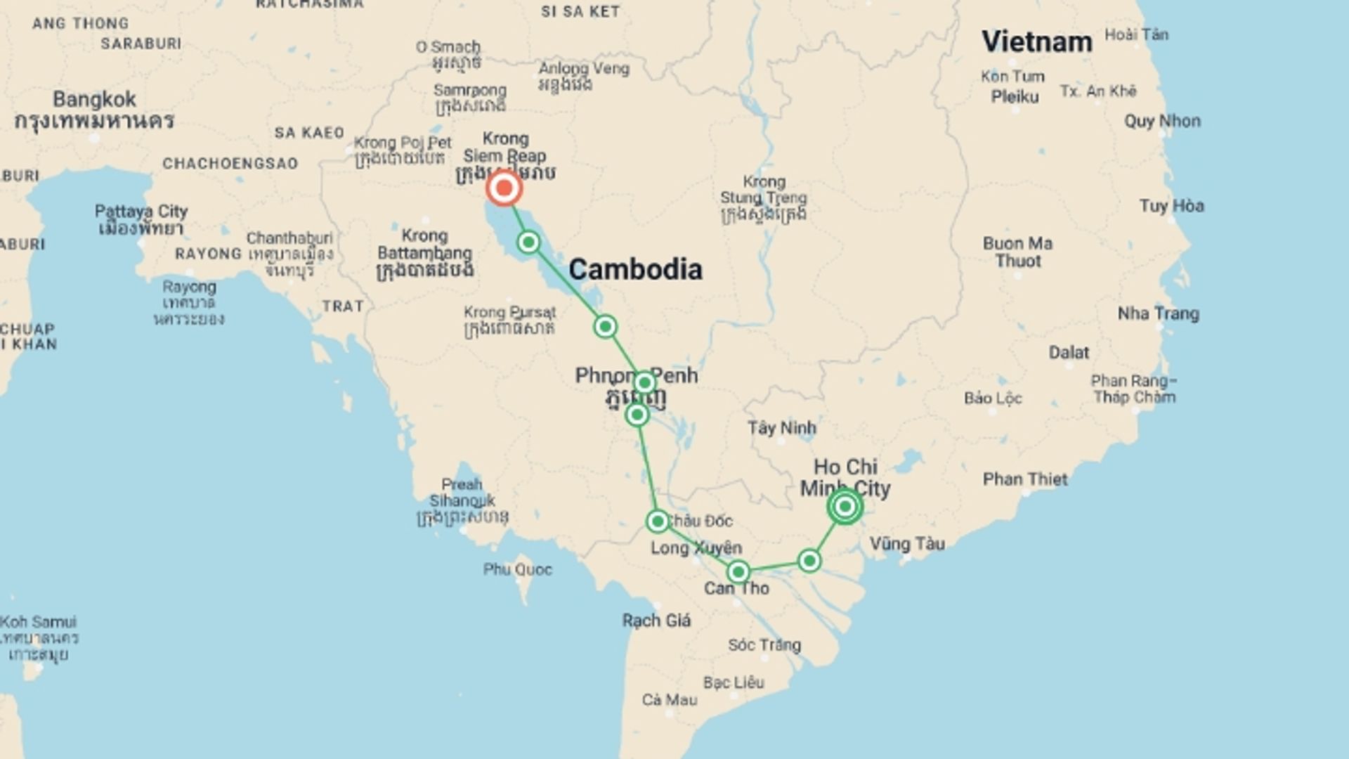 A map showing the tour itinerary for the trip: From the Mekong Delta to Siem Reap (port-to-port cruise), starting in Ho Chi Minh City, Vietnam and ending in Siem Reap, Cambodia going through 7 other destinations.