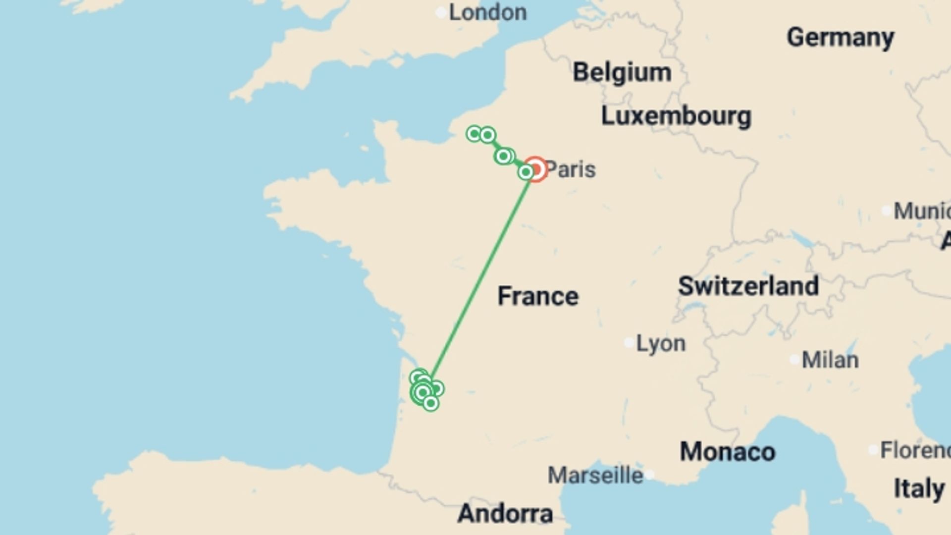A map showing the tour itinerary for the trip: A Portrait of Majestic France (2026), starting in Bordeaux, France and ending in Paris, France going through 8 other destinations.