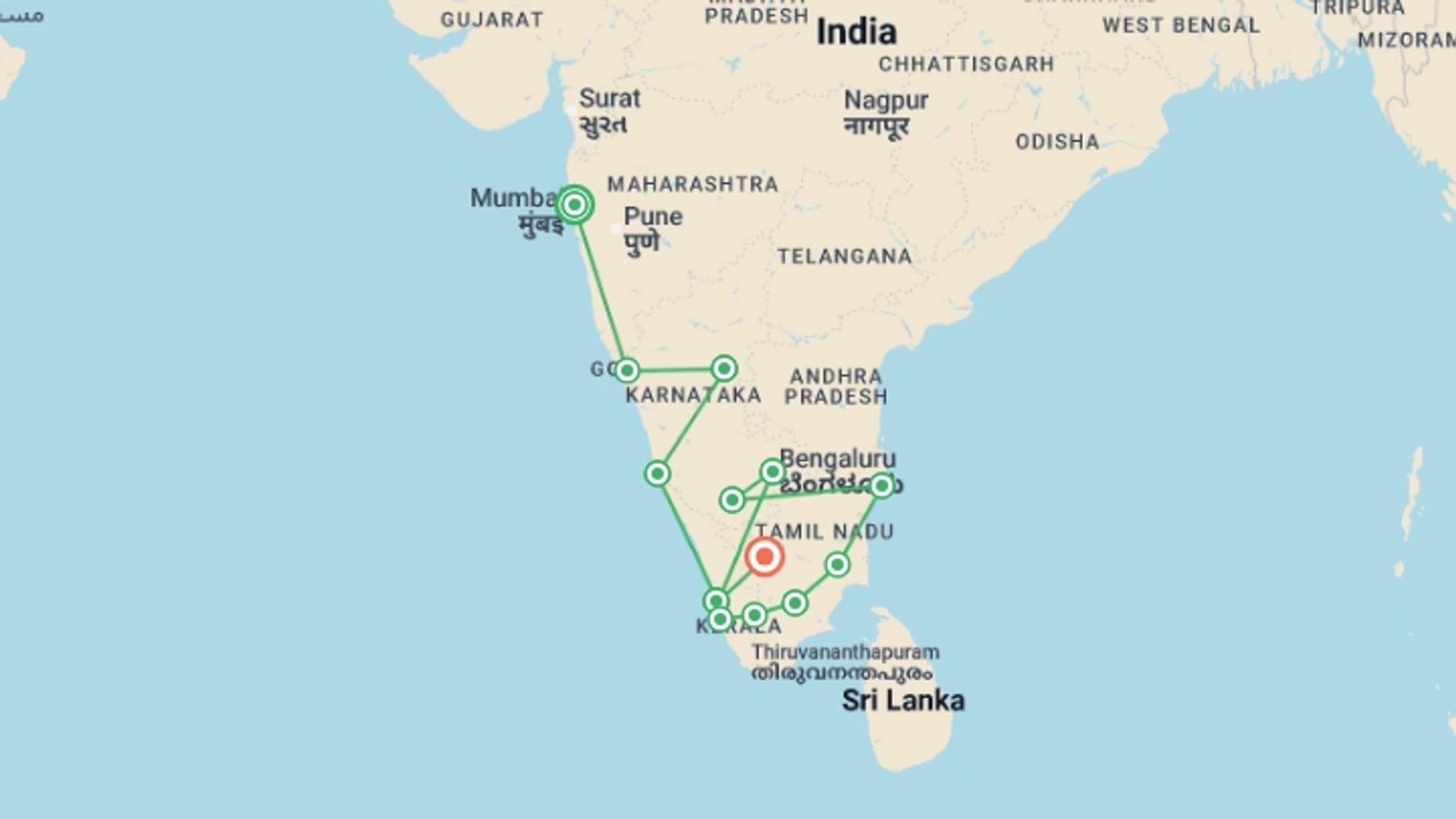A map showing the tour itinerary for the trip: Southern India Encompassed, starting in Mumbai, India and ending in Kerala & Tamil Nadu, India going through 11 other destinations.