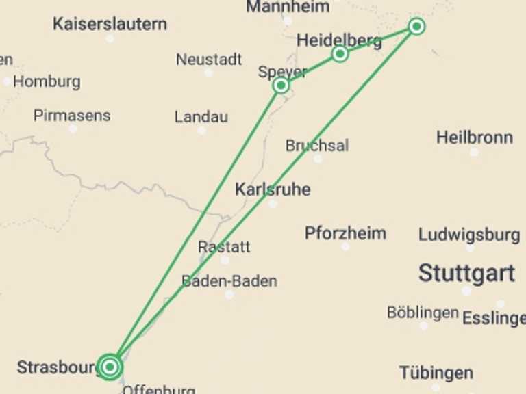 Map of 5-Day Strasbourg Tour with 4 destination visits for the trip: Delightful Christmas Markets in the Neckar Valley (port-to-port package)