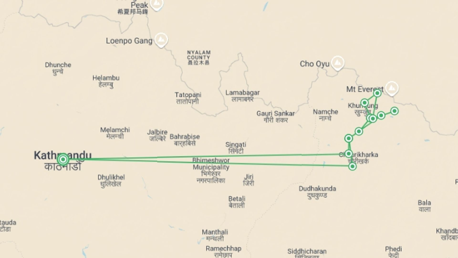A map showing the tour itinerary for the trip: Island Peak Climb With Everest Base Camp Trek, starting in Kathmandu, Nepal and ending in Kathmandu, Nepal going through 11 other destinations.