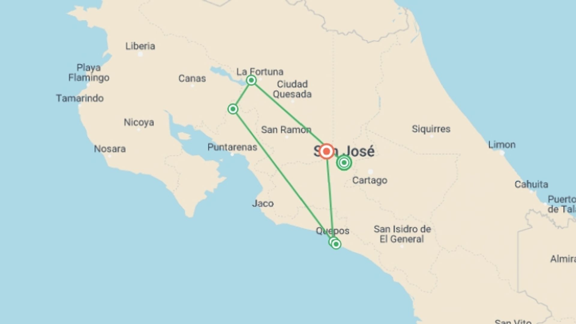 A map showing the tour itinerary for the trip: Costa Rica Adventure: Volcanoes, Jungles and Beaches, starting in San Jose, Costa Rica and ending in Juan Santamaria, Costa Rica going through 7 other destinations.