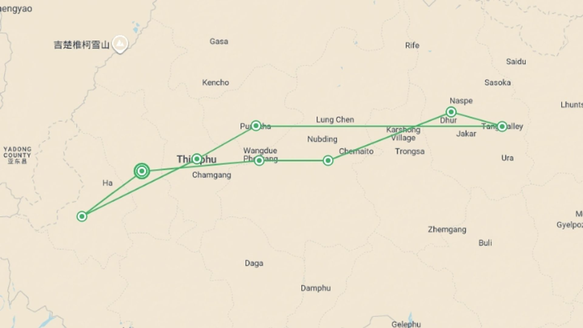 A map showing the tour itinerary for the trip: Bhutan Cultural Journey, starting in Paro, Bhutan and ending in Paro, Bhutan going through 7 other destinations.