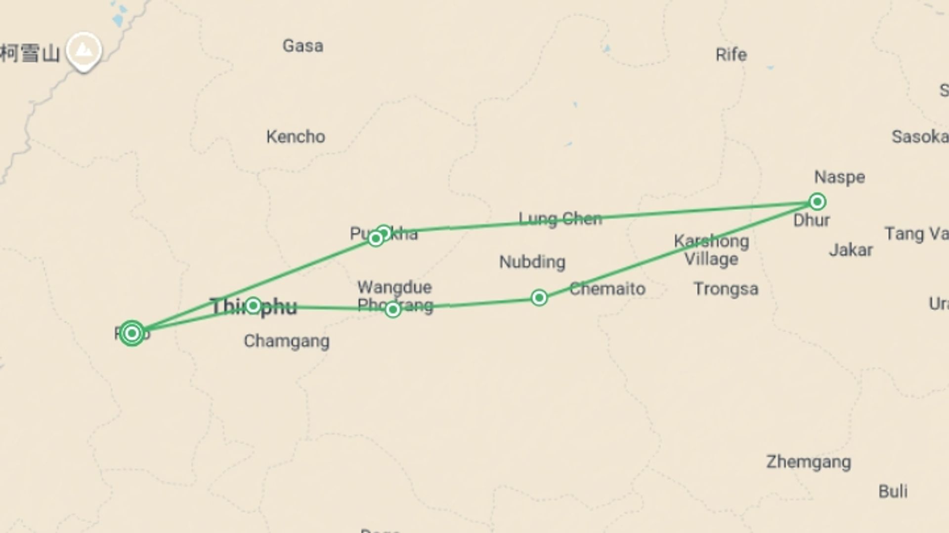A map showing the tour itinerary for the trip: Bhutan Jambay Lakhang Festival - 12 days, starting in Paro, Bhutan and ending in Paro, Bhutan going through 6 other destinations.