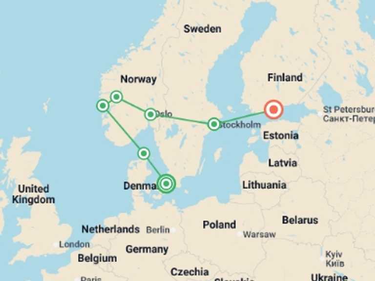 Map of Scandinavia Tour with 7 destination visits for the trip: Copenhagen to Helsinki Christmas & New Year