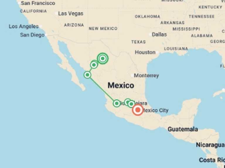 Map itinerary of Mexico Tour in February 2027 with 8 destination visits for the trip: Mexico: Tradition and Modernity