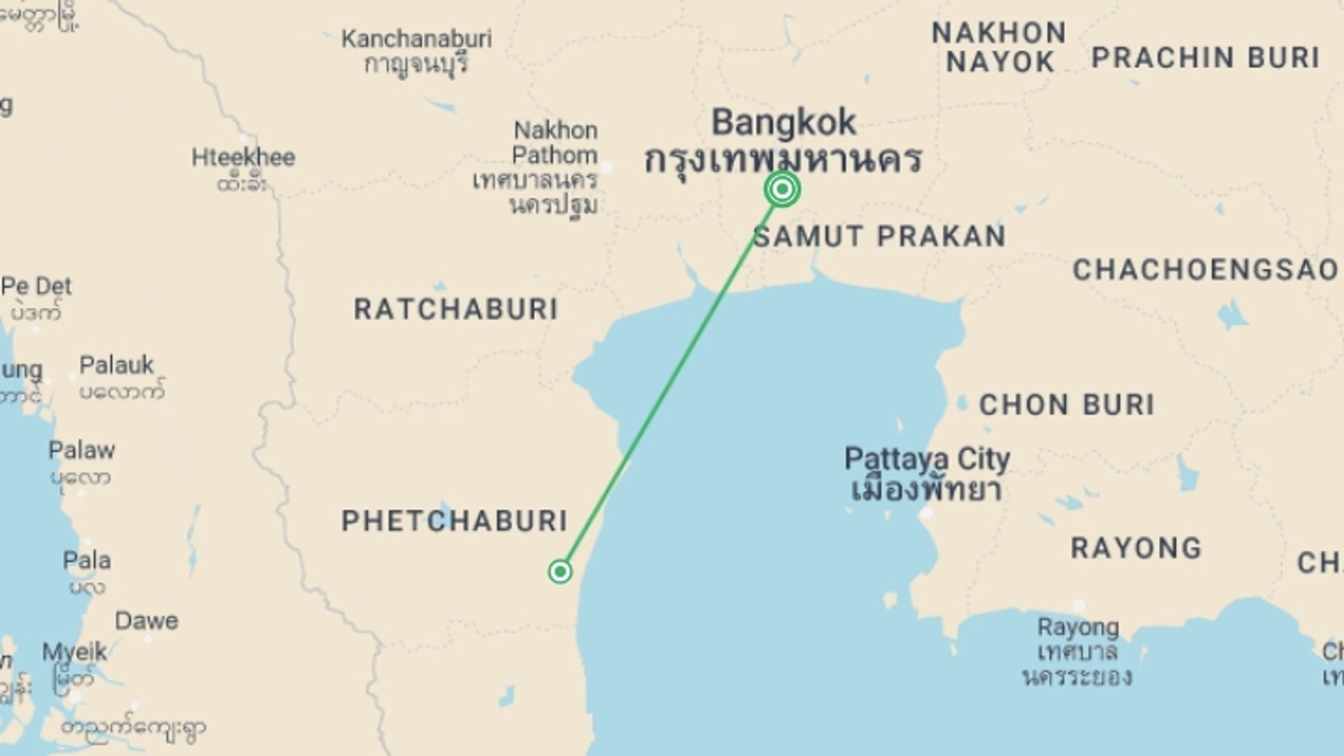 A map showing the tour itinerary for the trip: Road Escape: Khao Yai, starting in Bangkok, Thailand and ending in Bangkok, Thailand going through 1 other destinations.