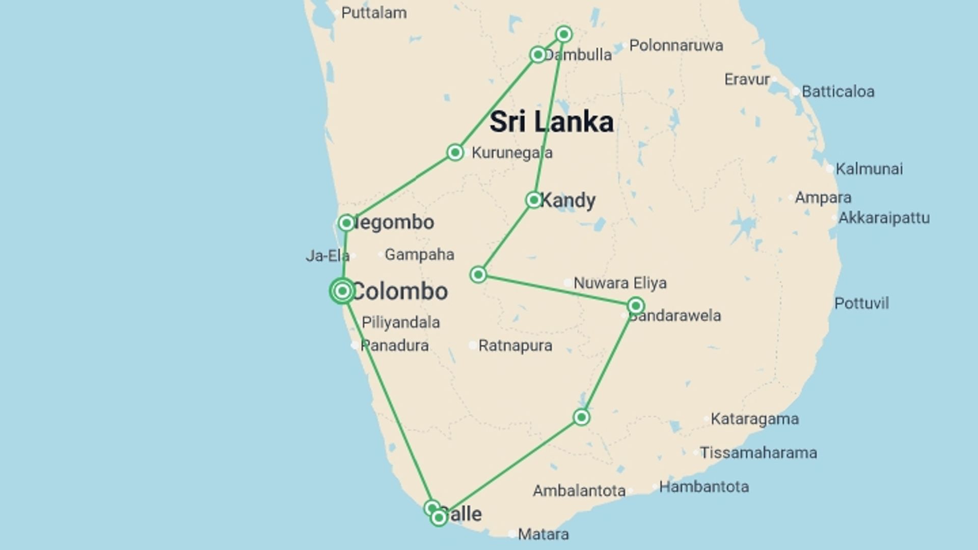 A map showing the tour itinerary for the trip: Essential Sri Lanka Explorer - 13 days, starting in Colombo, Sri Lanka and ending in Colombo, Sri Lanka going through 7 other destinations.