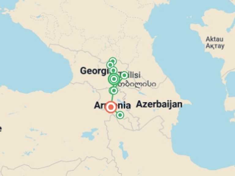 Map itinerary of Europe Tour in May 2026 with 2 destination visits for the trip: Caucasus Explorer - 9 days