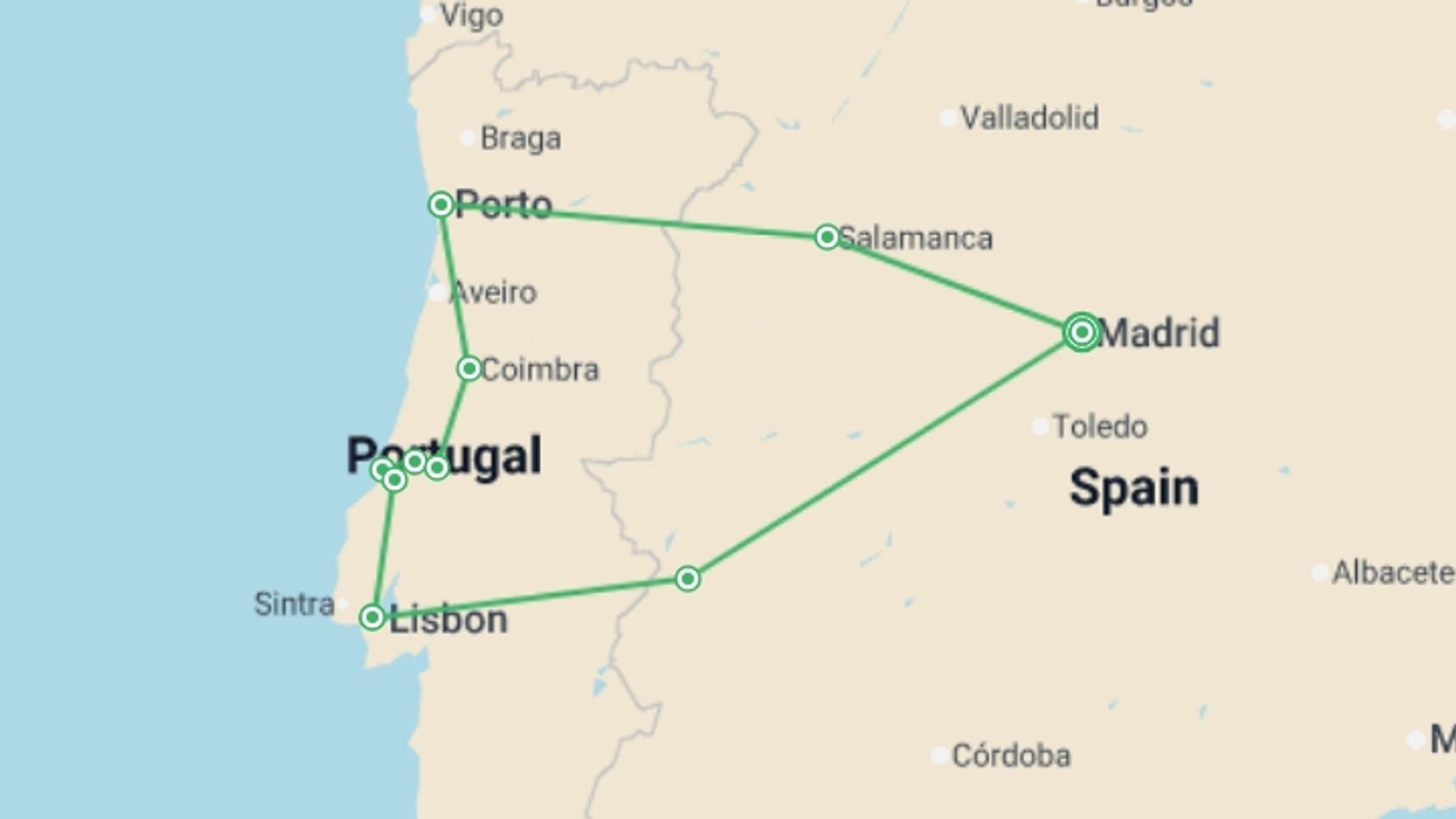 A map showing the tour itinerary for the trip: Portugal Explorer From Madrid Superior - 9 days, starting in Madrid, Spain and ending in Madrid, Spain going through 3 other destinations.