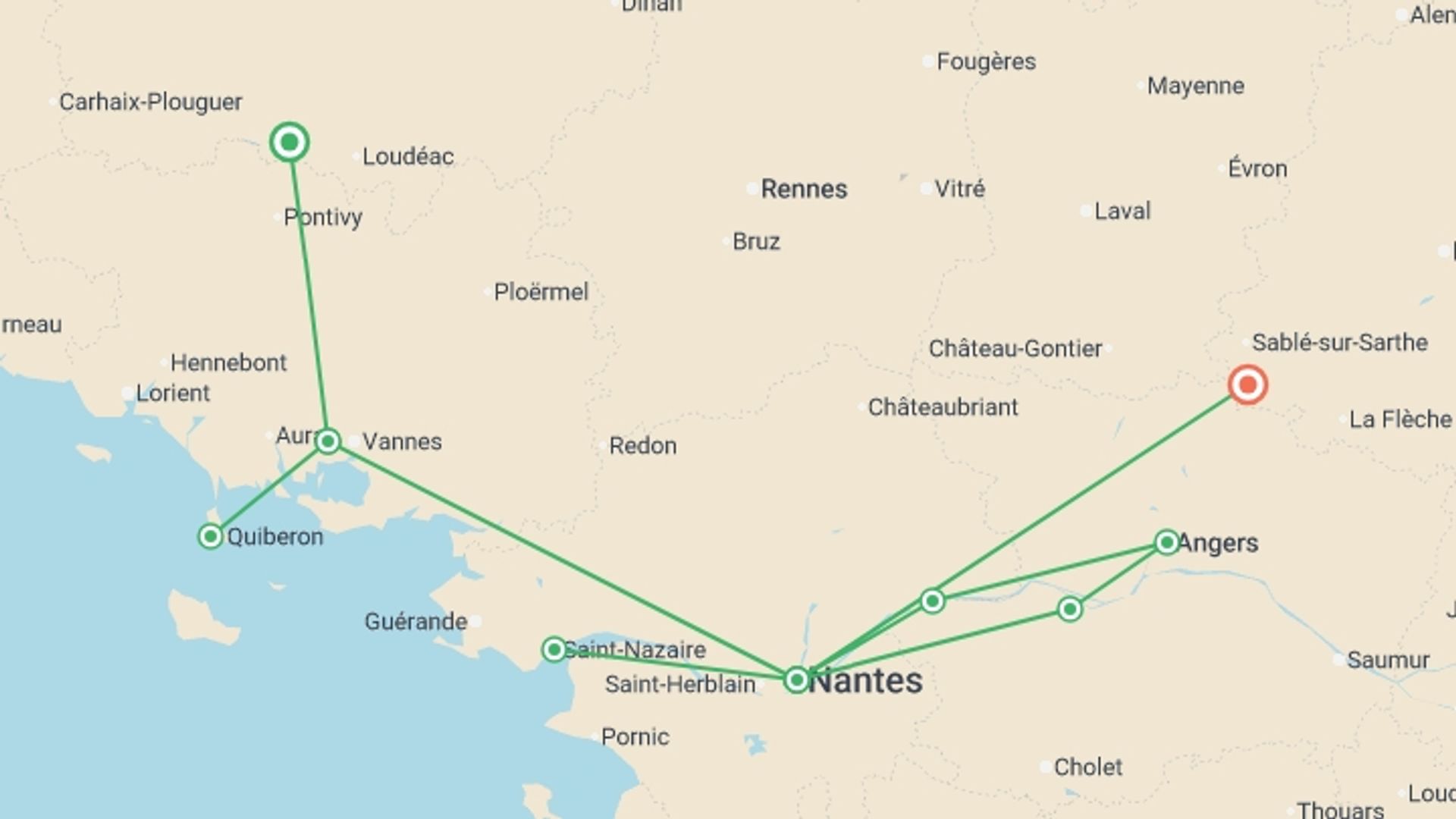 A map showing the tour itinerary for the trip: Beautiful Brittany and Royal Opulence in the Loire (port-to-port cruise), starting in Brittany, France and ending in Pays de la Loire, France going through 4 other destinations.
