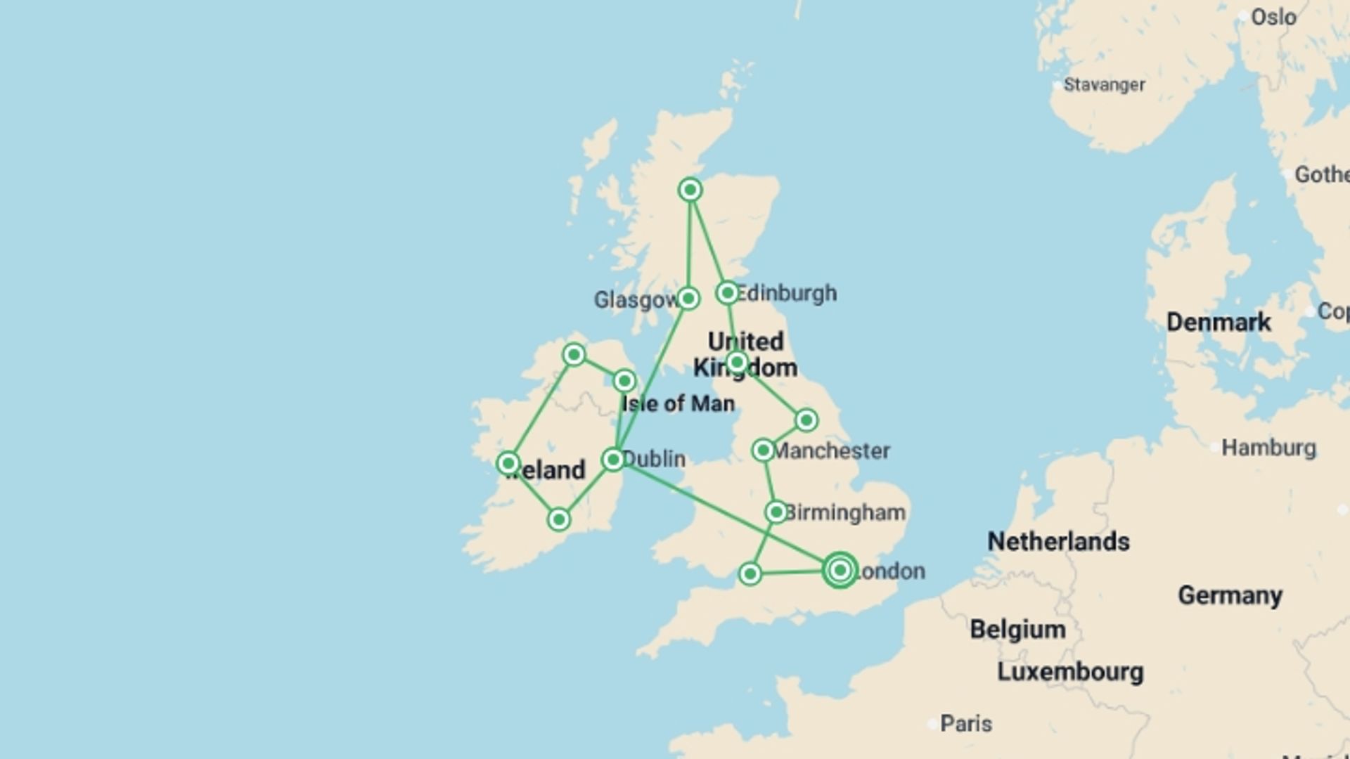 A map showing the tour itinerary for the trip: Great Britain and Ireland, starting in London, England and ending in London, England going through 13 other destinations.