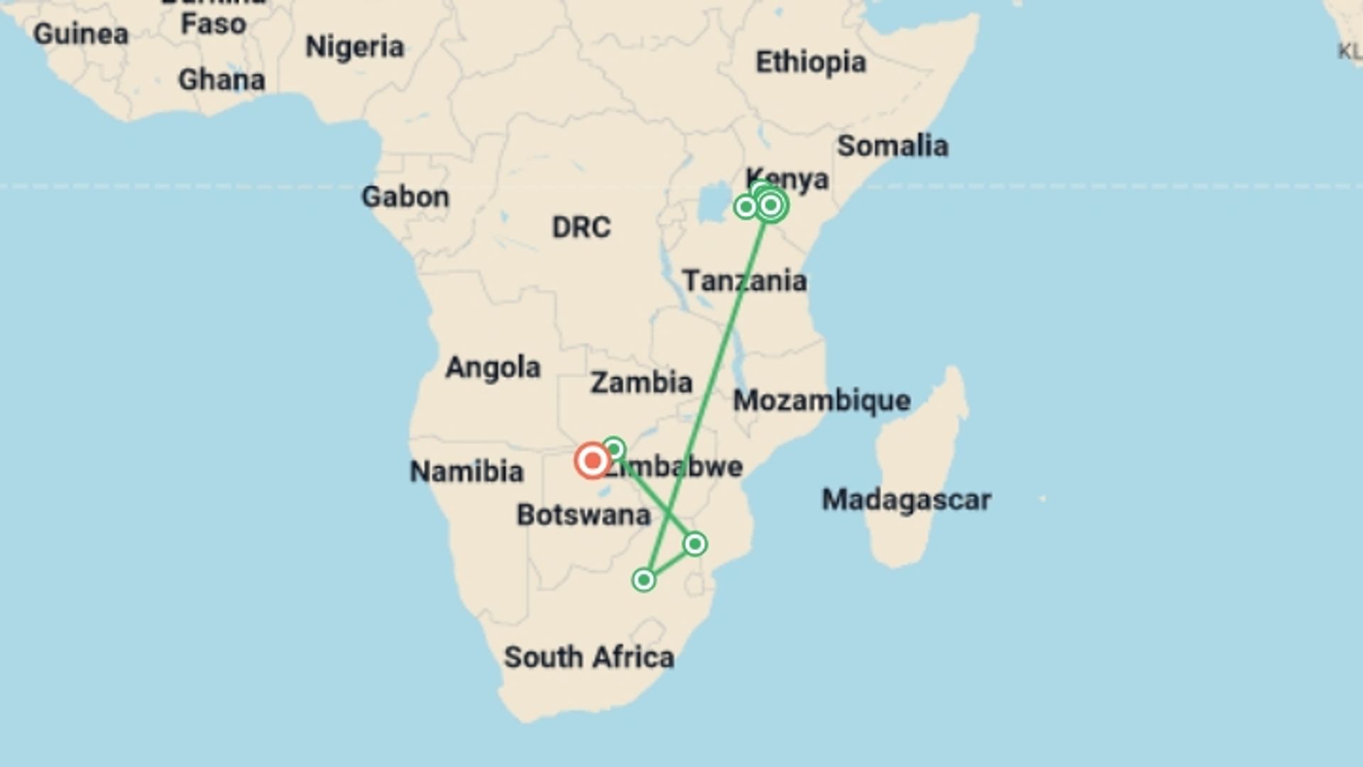 A map showing the tour itinerary for the trip: Premium Kenya & Southern Africa Highlights, starting in Nairobi, Kenya and ending in Chobe National Park, Botswana going through 6 other destinations.