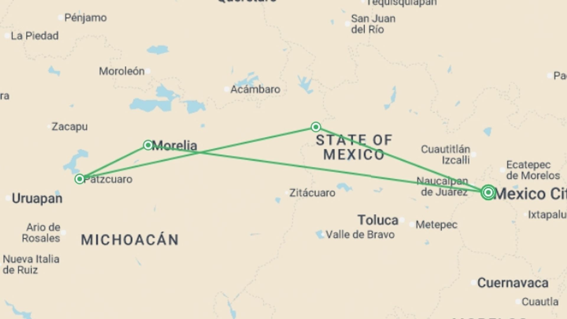 A map showing the tour itinerary for the trip: Mexico City and the Heart of Michoacán, starting in Mexico City, Mexico and ending in Mexico City, Mexico going through 1 other destinations.