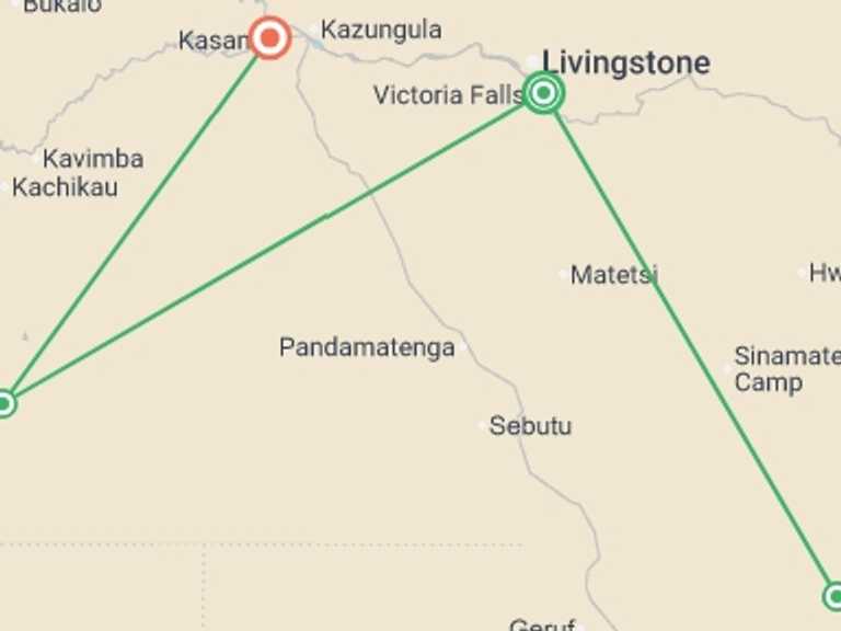 Map of Kasane Tour with 4 destination visits for the trip: Zimbabwe and Botswana: Chobe, Hwange & the Wildlife of Victoria Falls