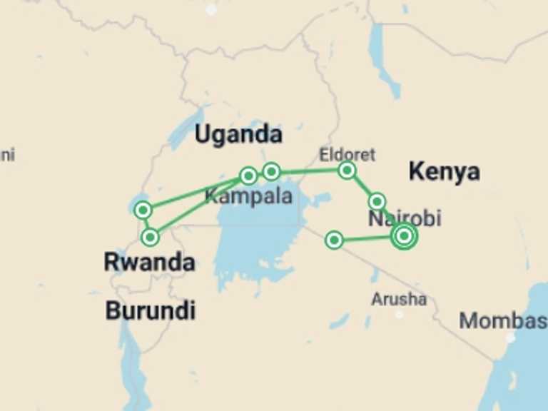 Map itinerary of Kenya Tour in Winter with 8 destination visits for the trip: 18-day Gorillas to the Mara Camping