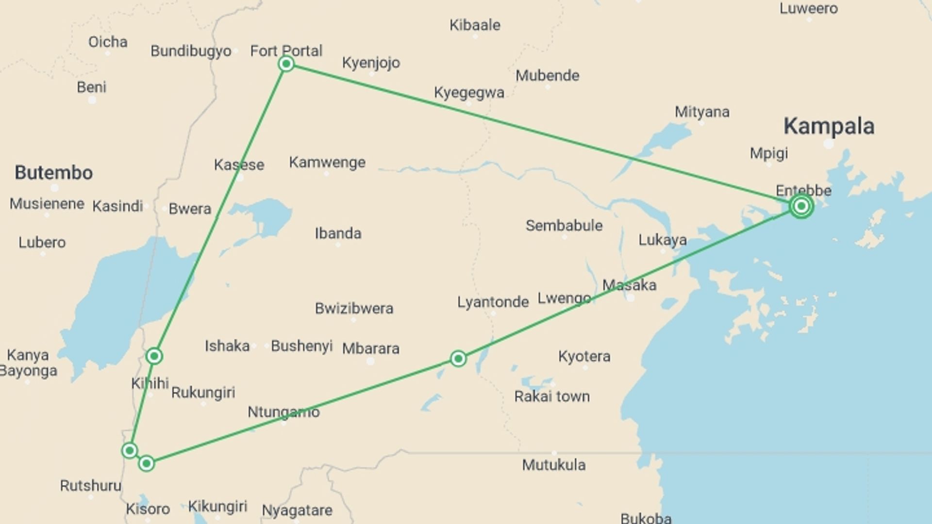 A map showing the tour itinerary for the trip: Cycling the Wilds of Uganda, starting in Entebbe, Uganda and ending in Entebbe, Uganda going through 5 other destinations.