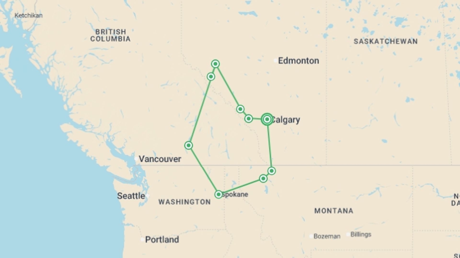 A map showing the tour itinerary for the trip: North American Glaciers & National Parks, starting in Calgary, Canada and ending in Calgary, Canada going through 5 other destinations.